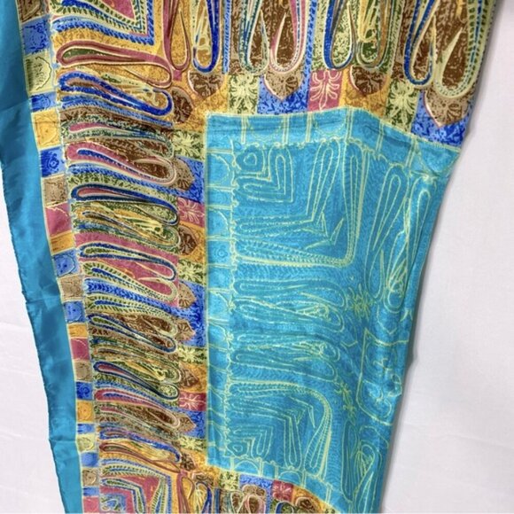 5/$25 Jiaying Blue Yellow Satin Abstract Print Square Scarf - Picture 11 of 16